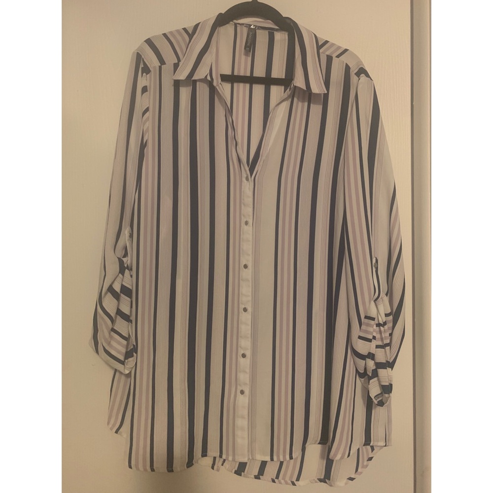 Plus size purple & blue button up striped blouse